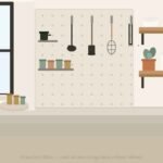 Small kitchen storage ideas without cabinets — pegboard wall panel, wood floating shelves, and rolling cart in a compact galley kitchen