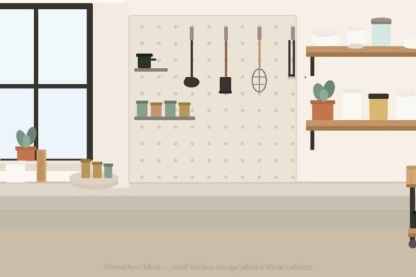 Small kitchen storage ideas without cabinets — pegboard wall panel, wood floating shelves, and rolling cart in a compact galley kitchen