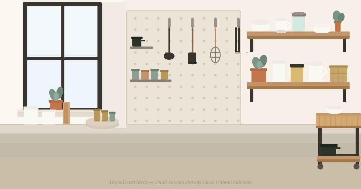 Small kitchen storage ideas without cabinets — pegboard wall panel, wood floating shelves, and rolling cart in a compact galley kitchen