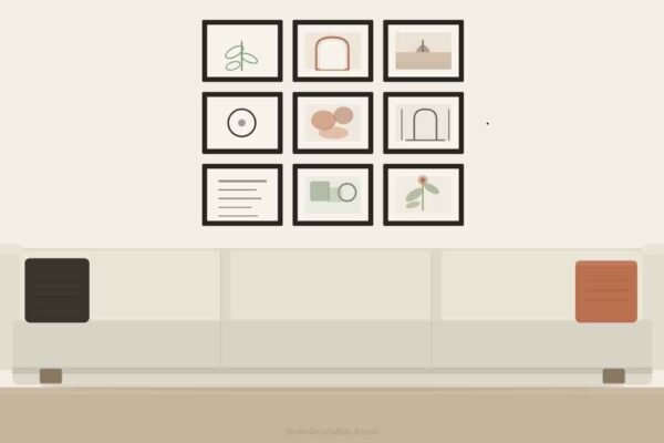 Gallery wall ideas above sofa featuring nine matte black frames in a warm neutral living room with afternoon light