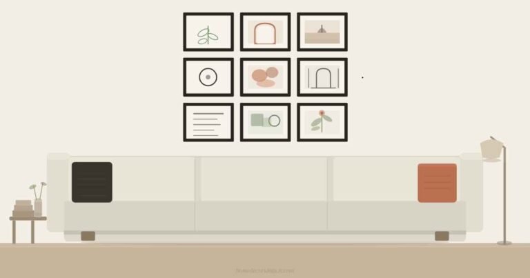 Gallery wall ideas above sofa featuring nine matte black frames in a warm neutral living room with afternoon light